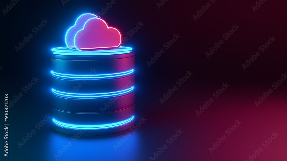 Poster neon-lit database with cloud storage icon representing modern cloud computing and data management te