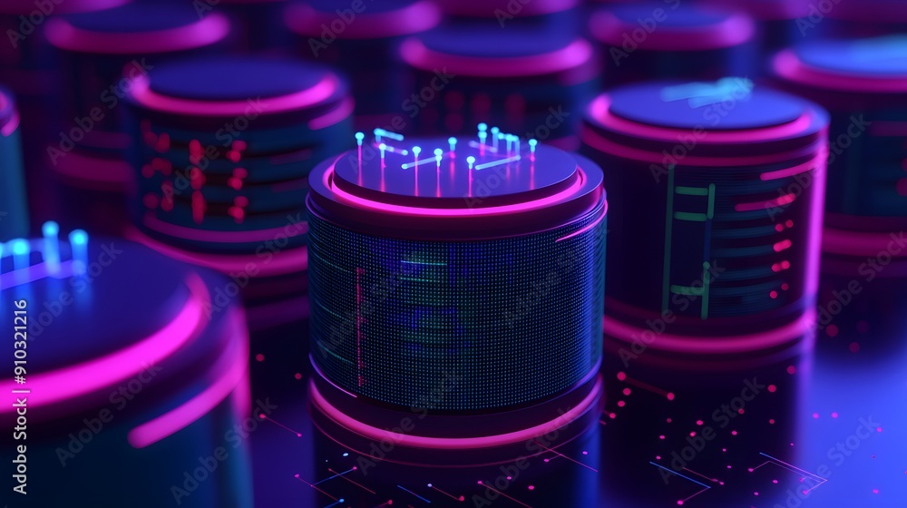 Poster neon-lit futuristic server racks in a data center, highlighting the complexity and importance of mod