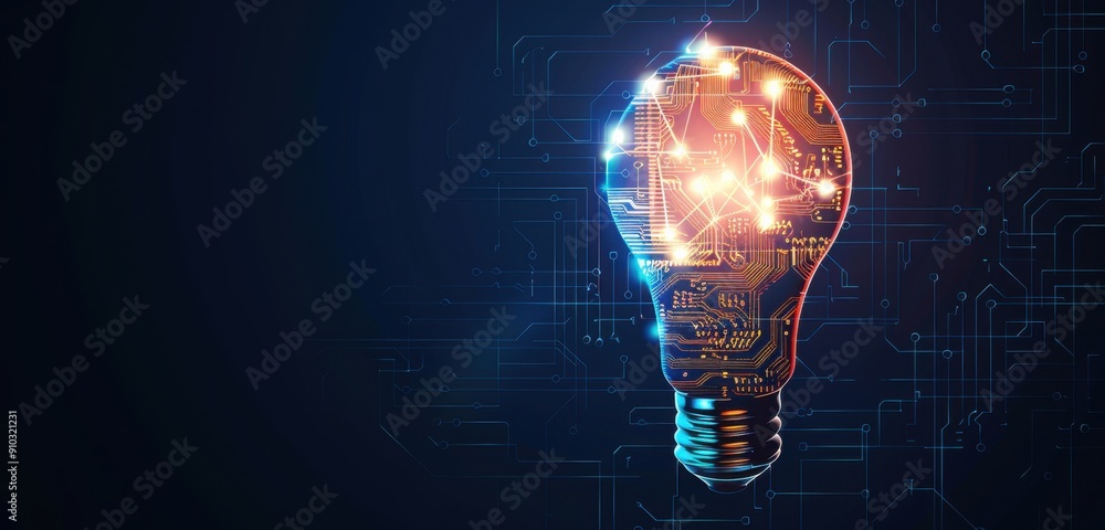 Poster a light bulb with glowing neon circuit patterns inside, symbolizing innovation and technology in the