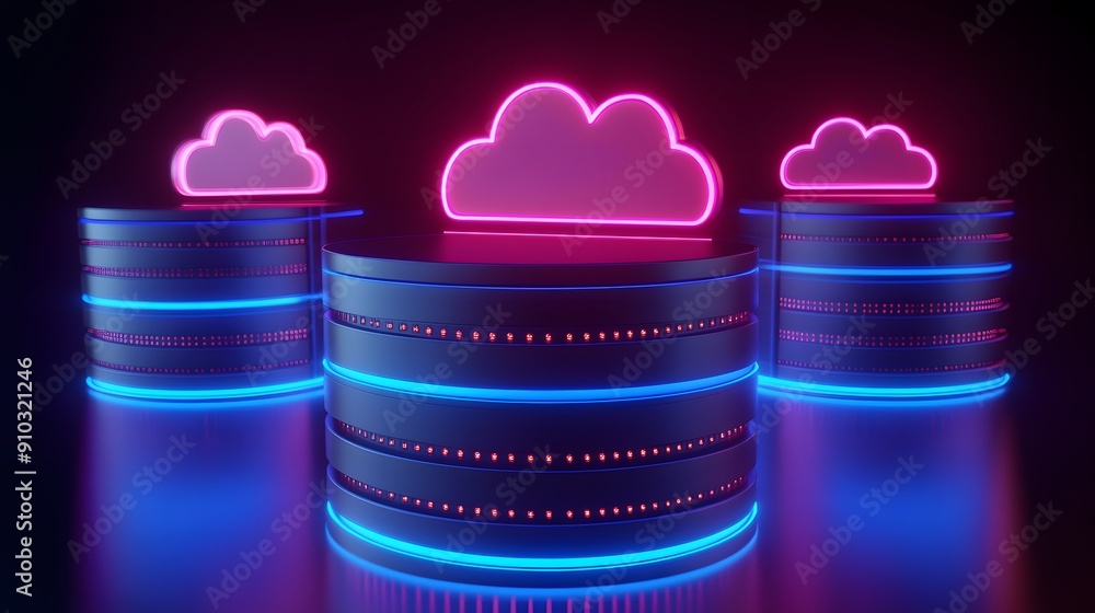 Poster neon-lit server stacks with glowing cloud icons, representing cloud computing and data storage techn