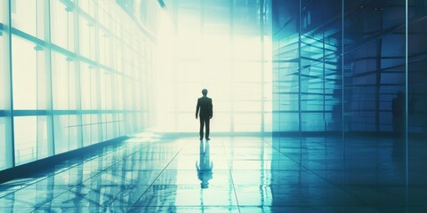 Businessman Standing in Modern Glass Building with Sunlight Streaming