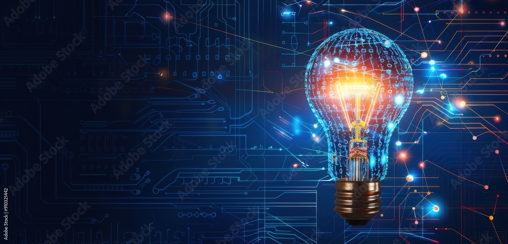 Poster a light bulb with glowing neon circuit patterns inside, symbolizing innovation and technology in the