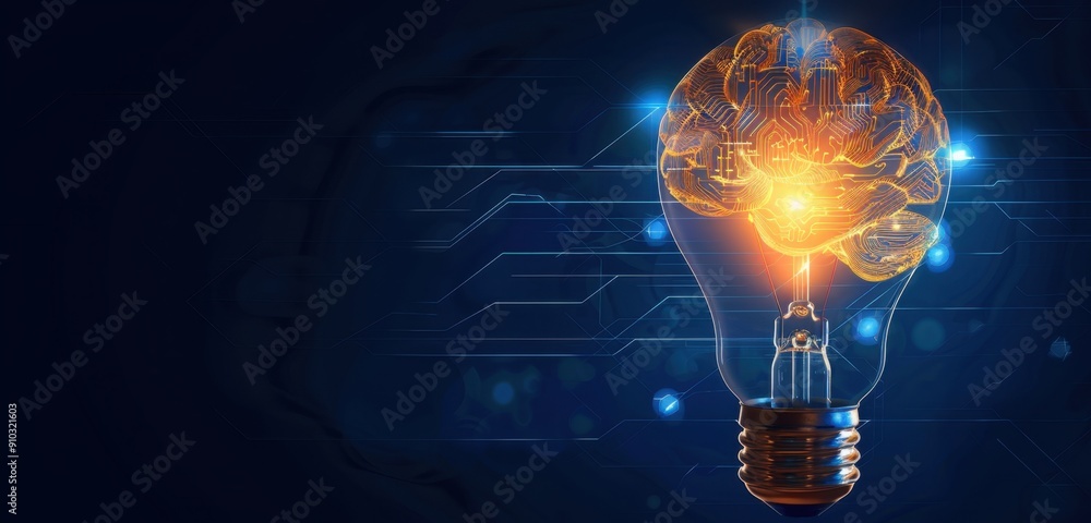Poster a light bulb with glowing neon circuit patterns inside, symbolizing innovation and technology on a d