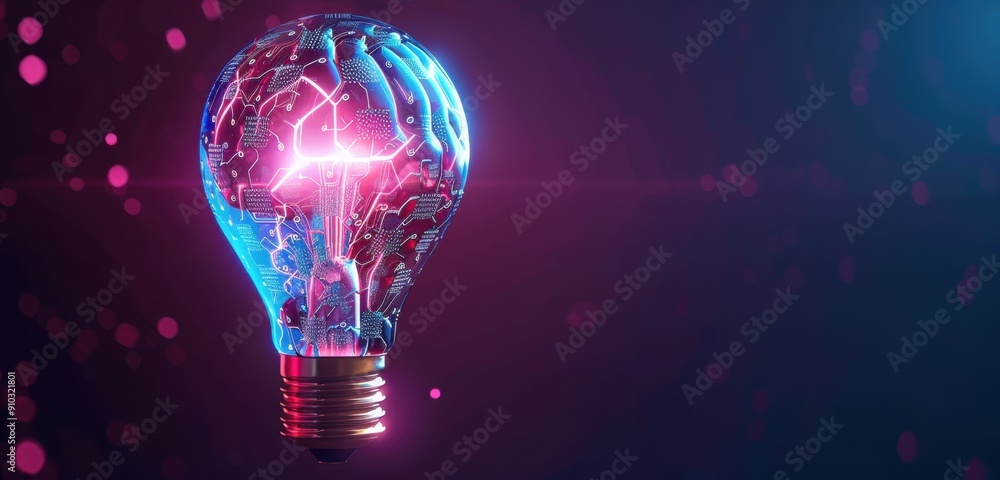 Poster a light bulb with circuit board patterns glowing in blue and purple, symbolizing innovation and arti