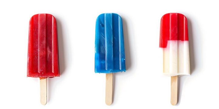 Red, white, and blue popsicles on a white background, celebrating summer and patriotism. 
