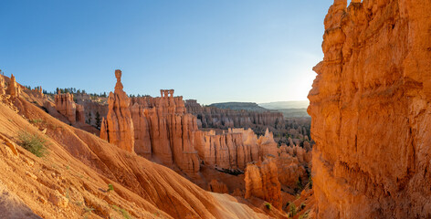The cliffs of Bryce Canyon national Park glowing in the morning light.