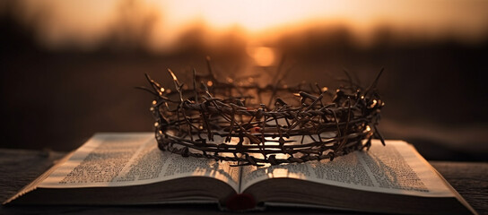 A book and a crown of thorns.
