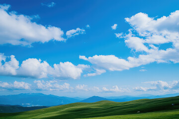 Fototapeta premium Scenic Rolling Hills Under a Vibrant Blue Sky with Fluffy Clouds