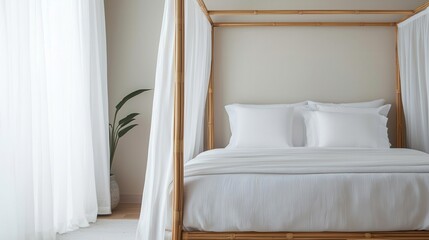 Elegant bamboo canopy bed with white drapes in a luxurious bedroom, eco-friendly furniture, sustainable luxury