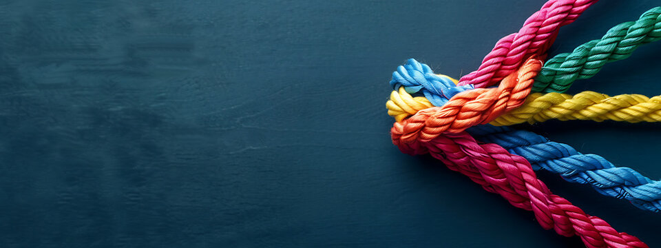 Colorful ropes, blue, red, yellow, abstract, concept of unity and connection. 
