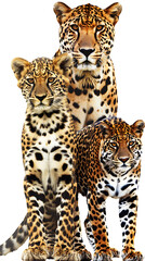 Fototapeta premium Three majestic leopards, black, orange, and white, with a wild and fierce style, convey power and strength, perfect for wildlife and nature themes. 