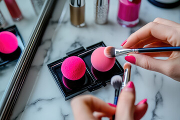 Vibrant Makeup Tutorial Featuring Bold Pink Tools and Precision Brushes on a Marble Countertop