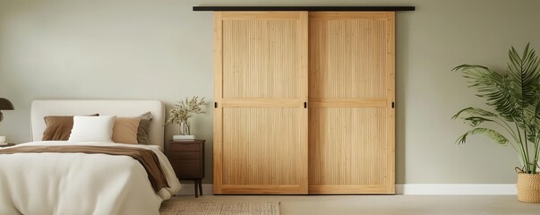 Bamboo wardrobe with sliding doors in a modern bedroom, eco-friendly furniture, sustainable storage