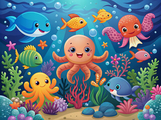 Obraz premium Colorful kawaii marine animals swim playfully amidst coral reef and seaweed on a navy blue background, featuring an octopus, sea turtle, crab, and fish.