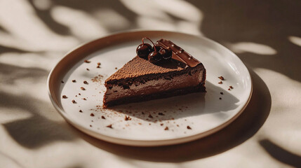 Small chocolate cake with chocolate sauce on a white plate and sun reflection