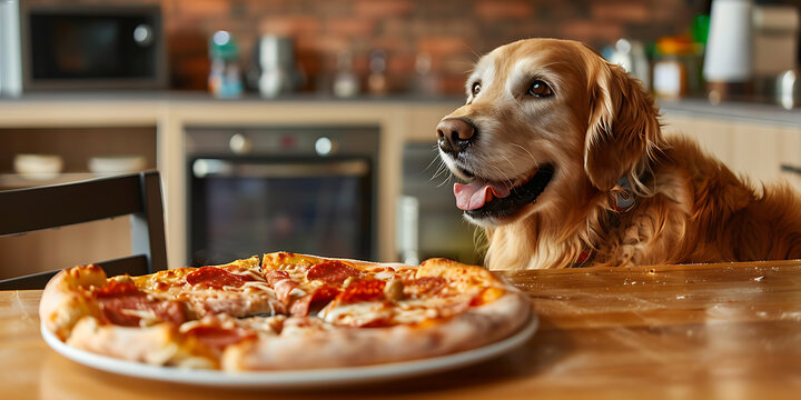 Golden Retriever dog with brown, white, and red pizza on a wooden table, craving a delicious meal. 
