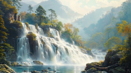 Serene Waterfall in a Misty Mountain Valley