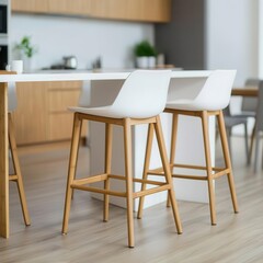 Modern bamboo bar stools around a sleek kitchen island, eco-friendly furniture, contemporary sustainability
