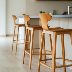 Modern bamboo bar stools around a sleek kitchen island, eco-friendly furniture, contemporary sustainability