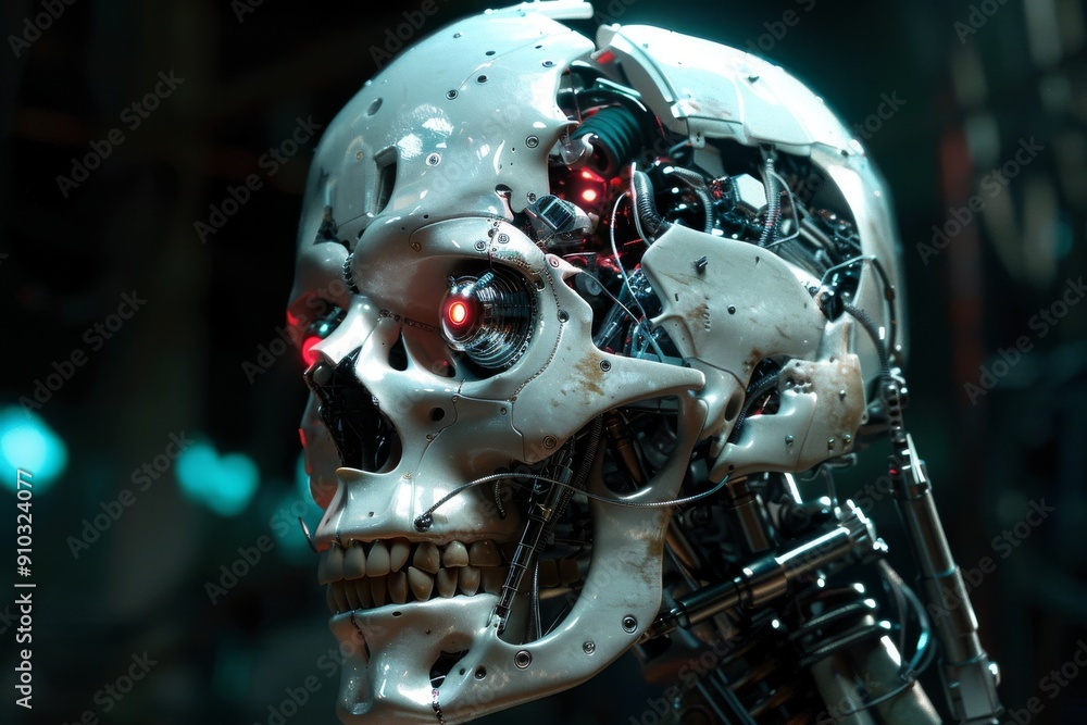 Poster a futuristic robot with glowing eyes and metallic limbs, symbolizing the future of artificial intell