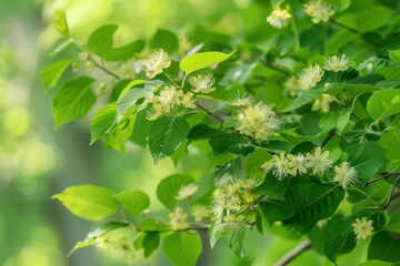 Fresh green lime leaves in springtime, selective focus with bokeh background - Tilia . Beautiful simple AI generated image in 4K, unique.