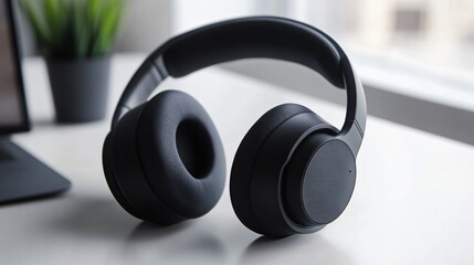 A pair of simple, minimalist headphones lying neatly on a clean desk, ready for online classes