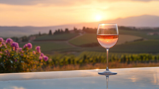 Glass of rosé wine in the sunset by the pool with the Tuscany landscape in the background