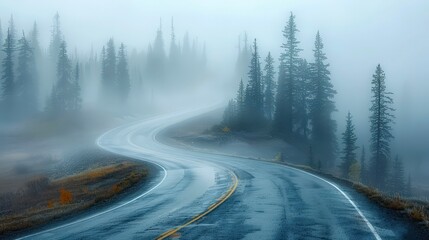 Fototapeta premium Winding Road Through Misty Forest.