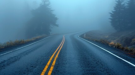 Fototapeta premium Foggy Road Winding Through Forest.