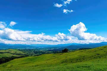 Expansive Rolling Hills Under a Vibrant Blue Sky with Fluffy Clouds