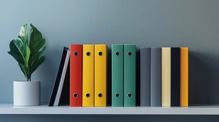 A set of minimalist, solid-colored binders arranged neatly on a shelf, with ample space around them for a clean look