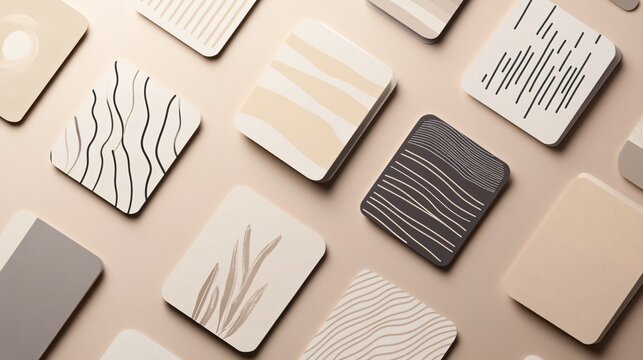 A set of minimalist flashcards with basic designs, laid out in a grid pattern on a neutral-colored background