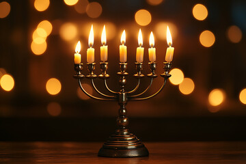 Silver menorah with burning candles against dark background and blurred festive lights. Hanukkah celebration