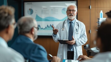 At the conference, the senior doctor gave a presentation to a group of multiracial medical professionals in a modern office with a whiteboard and flip chart showing data charts.