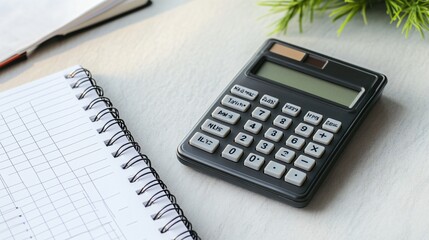 A simple, modern calculator and a clean notebook placed on a minimalist desk, with a focus on the essentials