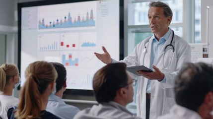 At the conference, the senior doctor gave a presentation to a group of multiracial medical professionals in a modern office with a whiteboard and flip chart showing data charts.