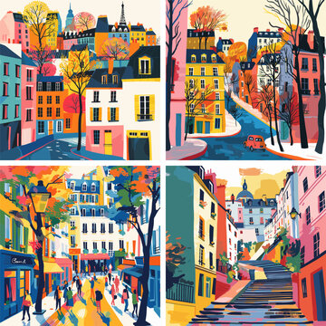 European old town architecture cartoon vector concepts. Rooftops trees windows autumn urban streets buildings picturesque charming french cityscape artistic illustrations