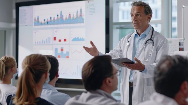 At the conference, the senior doctor gave a presentation to a group of multiracial medical professionals in a modern office with a whiteboard and flip chart showing data charts. - Powered by Adobe