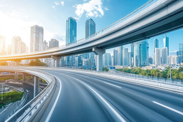 Dynamic Highway Overpass with a Panorama of Modern Metropolis in Daylight