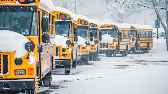 Yellow school buses parked in snow on a winter day.