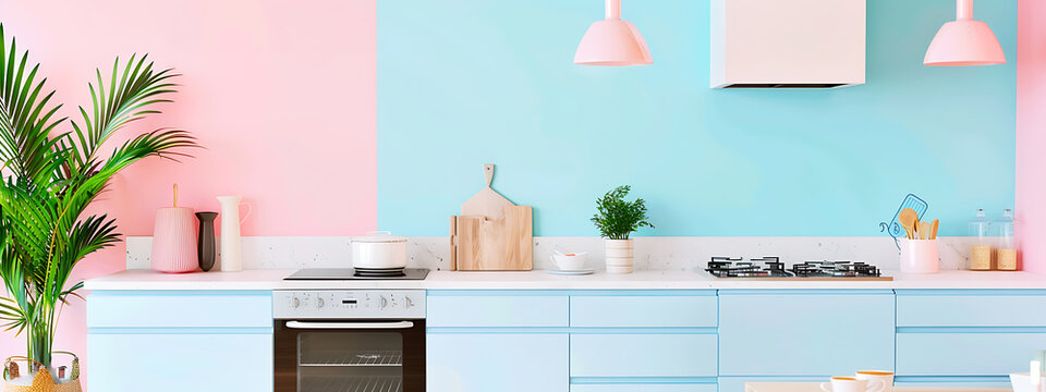 Pastel blue and pink kitchen interior design, modern and minimalist, evoking a sense of calm and serenity. 
