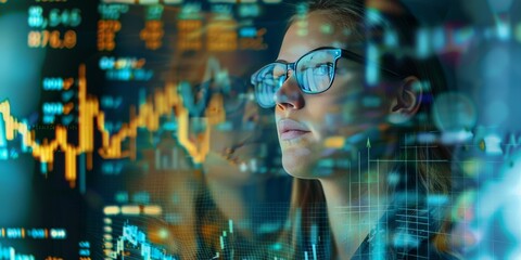 Obraz premium Businesswoman Analyzing Financial Data on Digital Screen