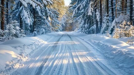 Snow-covered road through a winter forest.