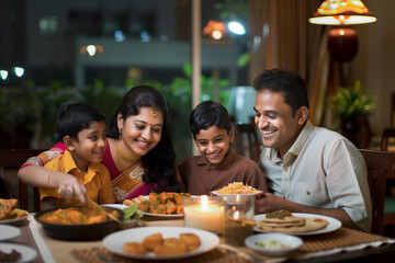 Happy Indian Family Enjoying Dinner Together At Home