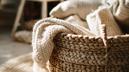 Obraz premium Cozy white knit blankets in a wicker basket, evoking warmth, comfort, and a sense of home. 