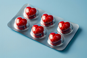 Heart-Shaped Red Pills In Blister Pack On Blue Background
