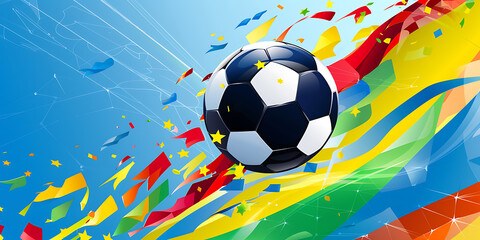A soccer ball flying through the air with colorful ribbons and confetti, celebrating a victory, blue, yellow, and red colors, a vibrant and dynamic style. 
