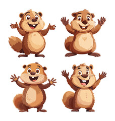Fototapeta premium Forest groundhog cartoon vector illustrations. Rodent brown fur tail embraces hugs smiling optimistic woodland figure, cheerful friendly mascot isolated artworks