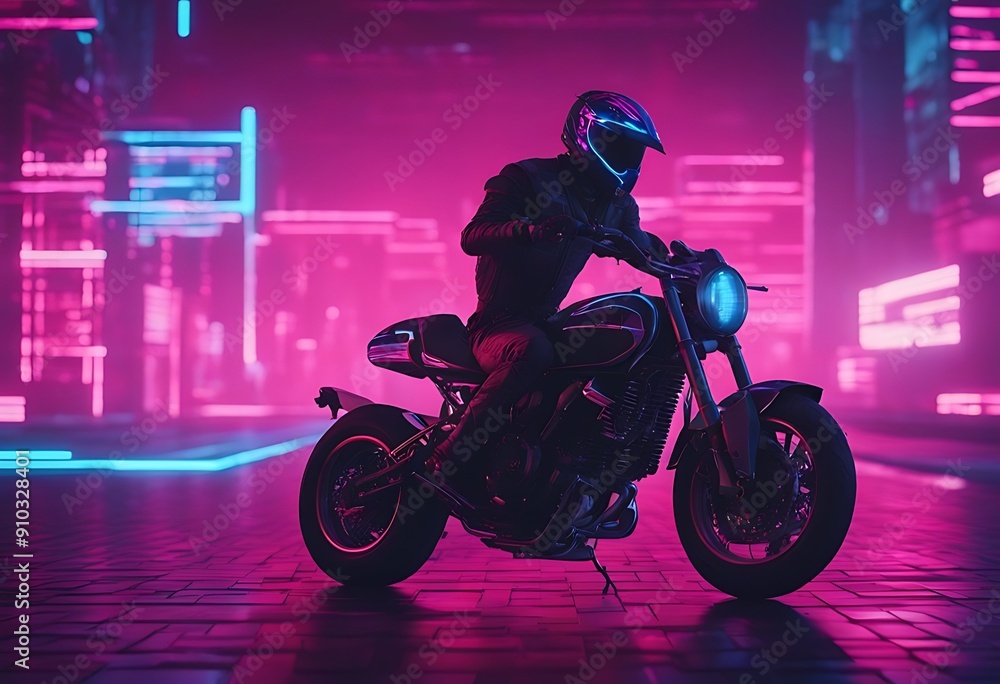 Poster motorbike cyberpunk colorful grid vibrant landscape version retrowave cyberspace pattern horizontal 
