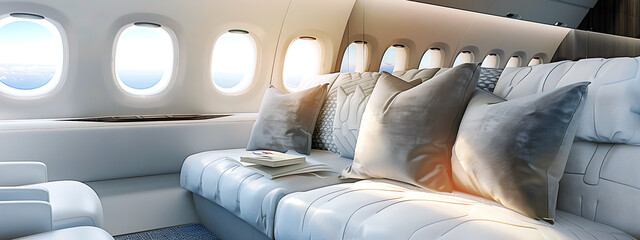 Luxury private jet interior, white, grey, and brown, evoking comfort, exclusivity, and travel. 
